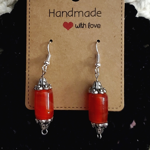 Handmade glass tube beads & silver spacer beads earrings in cinnamon red. - Picture 1 of 3